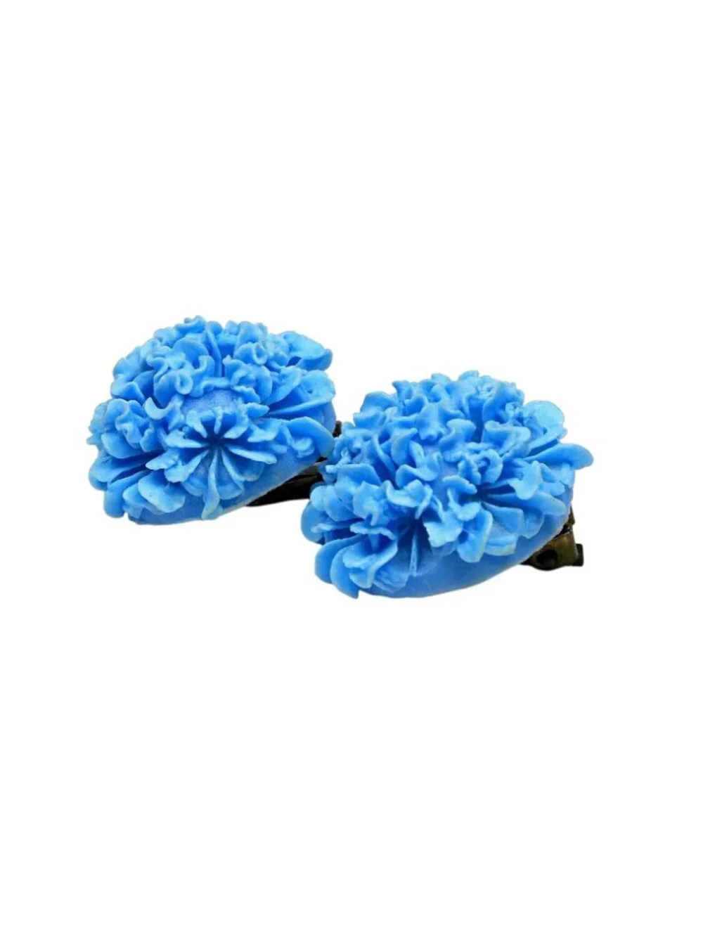 Vintage Carnation Clip‑On Earrings - Blue Resin Florals - 1¼" Diameter - Picture 2 of 5